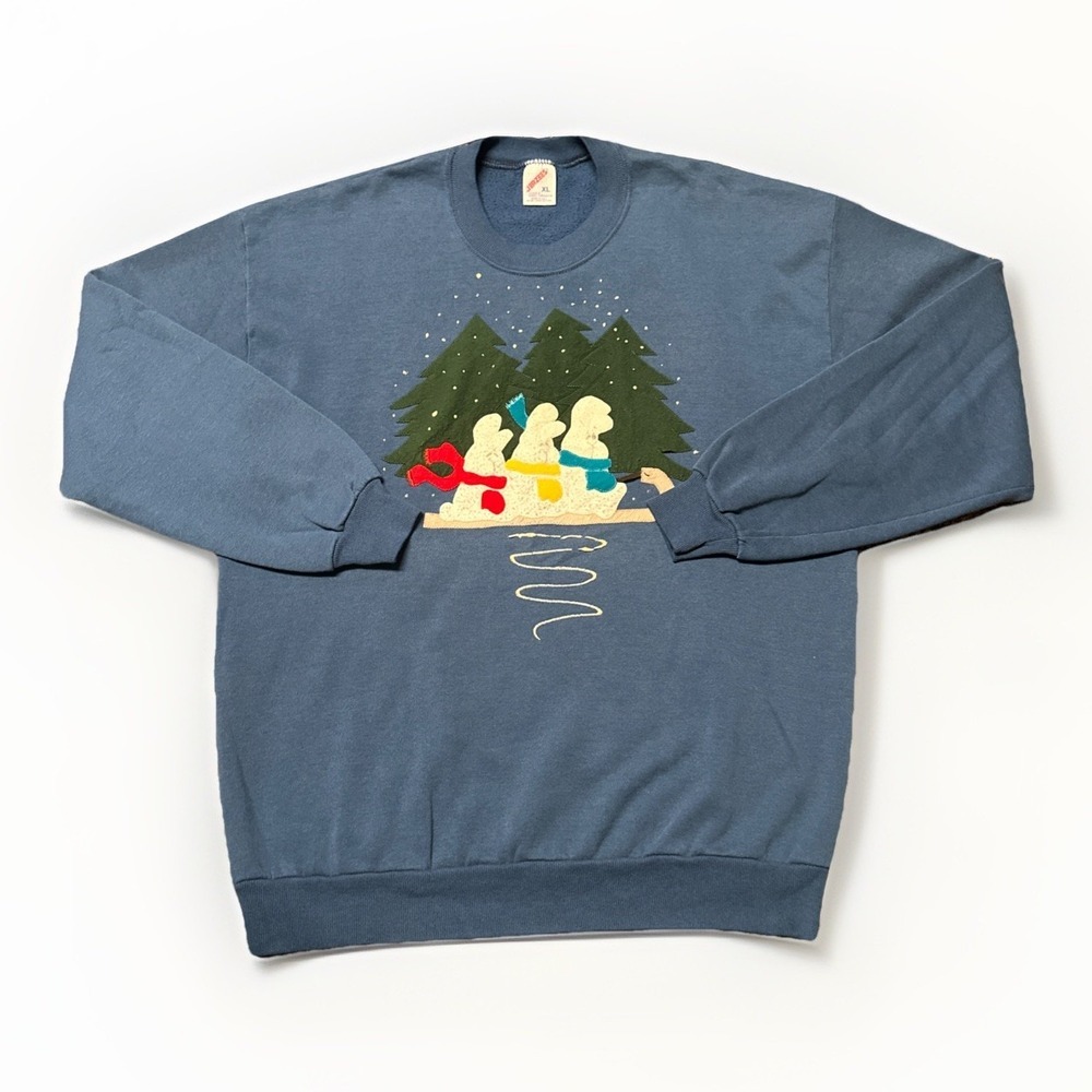 VTG 90s Jerzees Christmas Tree Sweatshirt XL‎ Snowmen Mittens Made In USA